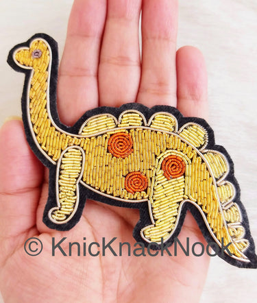 Hand Embroidered Dinosaur Applique In Gold, Yellow And Copper Zardozi Threadwork, Animal Motif